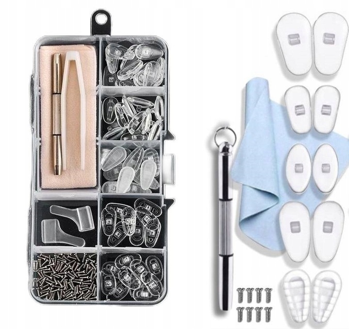 ZESTAW DO NAPRAWY OKULARÓW ŚRUBKI NOSKI SILIKONOWE 35 par nosków