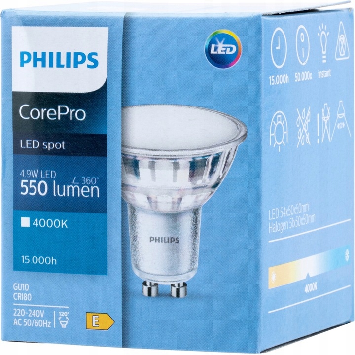 10x ŻARÓWKA LED GU10 4,9W 4000K 120° 550lm PHILIPS