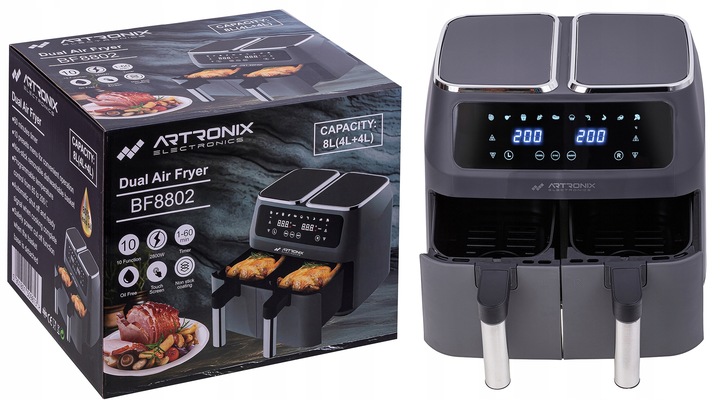 FRYTKOWNICA BEZTŁUSZCZOWA PODWÓJNA AIR FRYER 8L 2800W DWUKOMOROWA