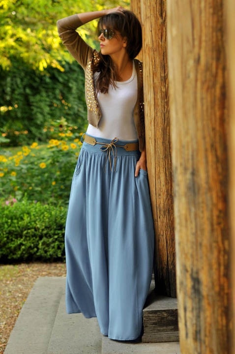 Długa rozkloszowana spódnica styl BOHO chaber