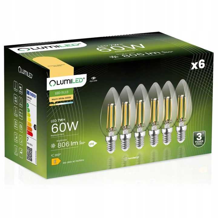 6x Żarówka LED E14 Świeca FILAMENT 7W = 60W Dekoracyjna 3000K LUMILED