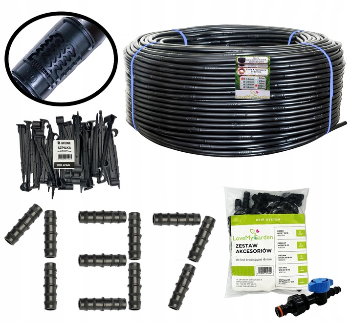 Linia kroplująca 16mm 100m z kompensacją 137 akcesoriów Wąż kropelkowy