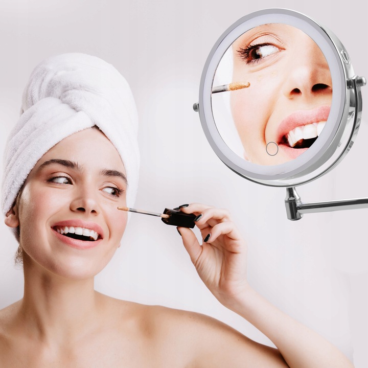 Lusterko kosmetyczne do makijażu podświetlane led obrotowe srebrne