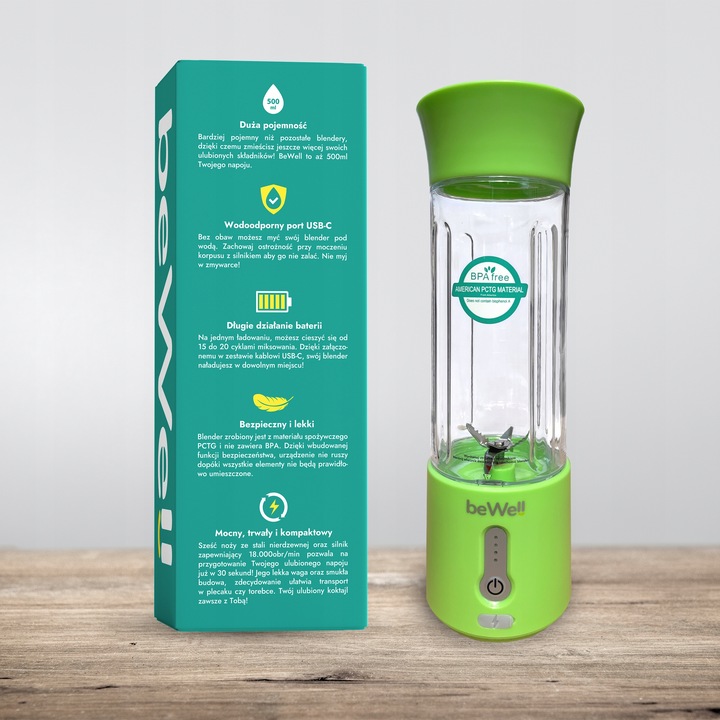 BLENDER KIELICHOWY DO SMOOTHIE I KOKTAJLI RECZNY beWell 500ml BEZPRZEWODOWY