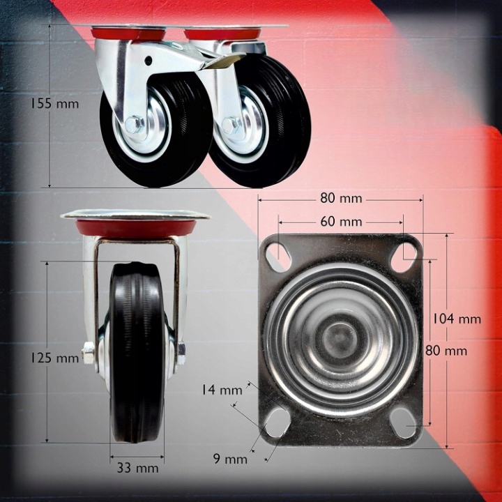 4x Kółka Obrotowe z Hamulcem Skrętne 125mm 400kg Gumowe Zestaw Do