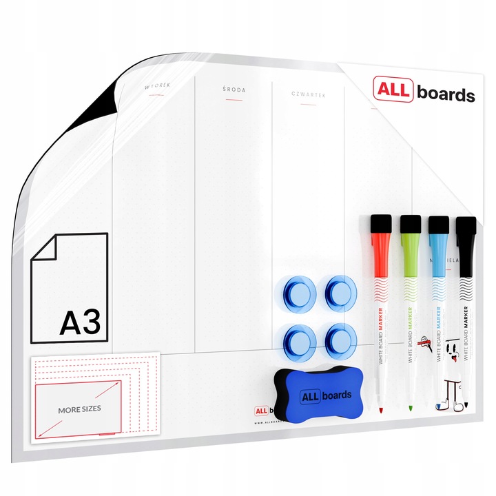 Tablica na lodówkę A3 Planer tygodniowy magnetyczny suchościeralny +