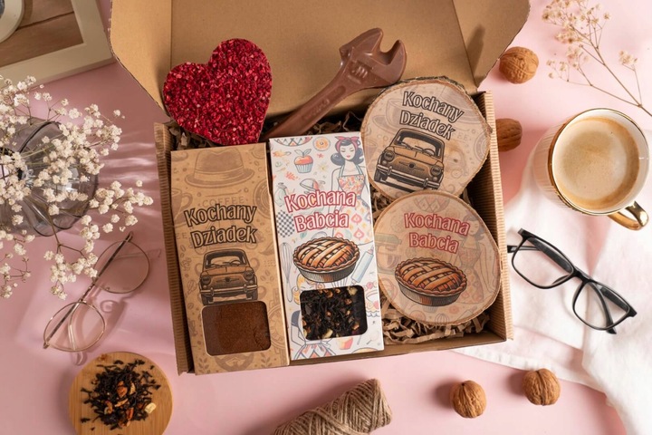 PREZENT NA DZIEŃ BABCI I DZIADKA zestaw z nadrukiem podkładki kawa herbata