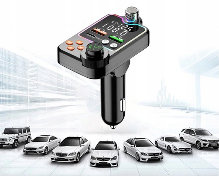 TRANSMITER FM ZESTAW GŁOŚNOMÓWIĄCY BT 5.0 ŁADOWANIE QC 3x USB PD RGB AUDIO