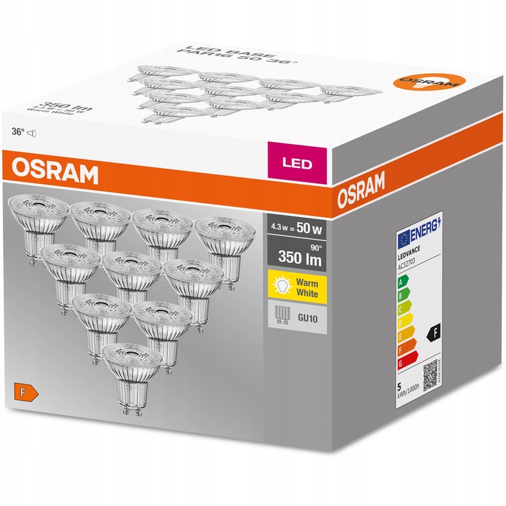 10PAK Żarówka LED GU10 4,3W = 50W 350lm 2700K Ciepła 36° OSRAM