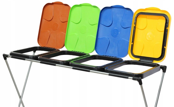 STOJAK KOSZ 4 STANOWISKA DO SEGREGACJI ŚMIECI KOSZ NA ŚMIECI STELAŻ KOSZE