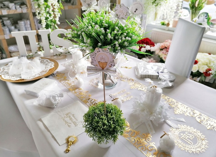 ORGANZA KOMUNIJNA komunia dekoracja stołu na stół bieżnik na komunię złoty