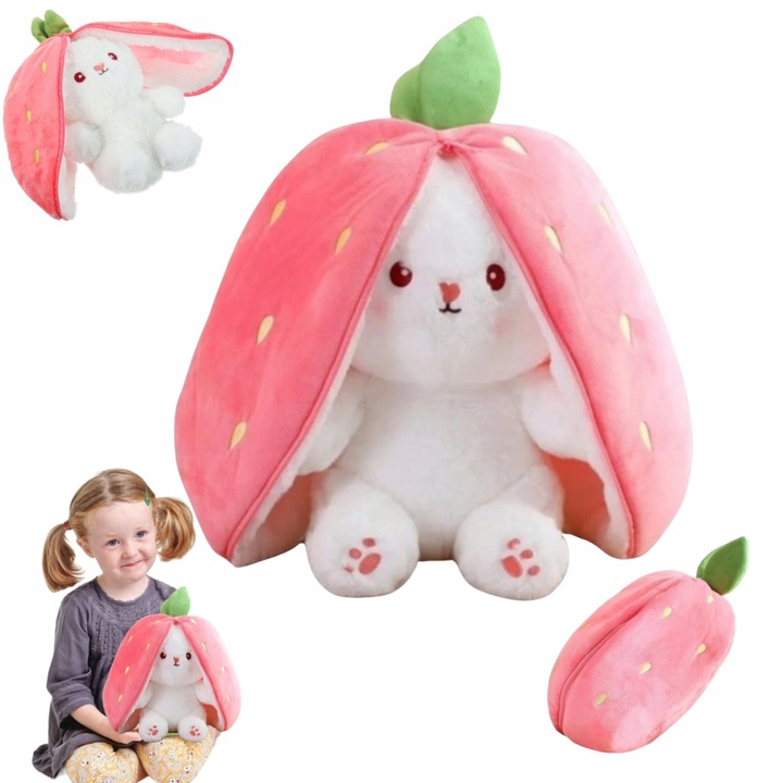 Maskotka Króliczek W TRUSKAWCE RÓŻOWY KRÓLIK ZAJĄC PLUSZAK MIŚ 2w1 40cm