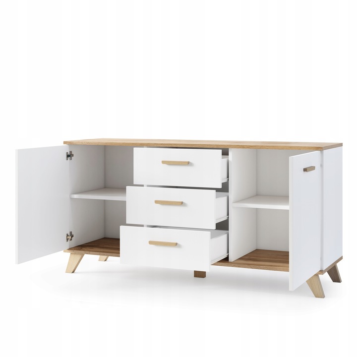 KOMODA SZAFKA RTV 3 SZUFLADY DRZWI POJEMNA BIAŁY MAT DĄB WOTAN SCANDI