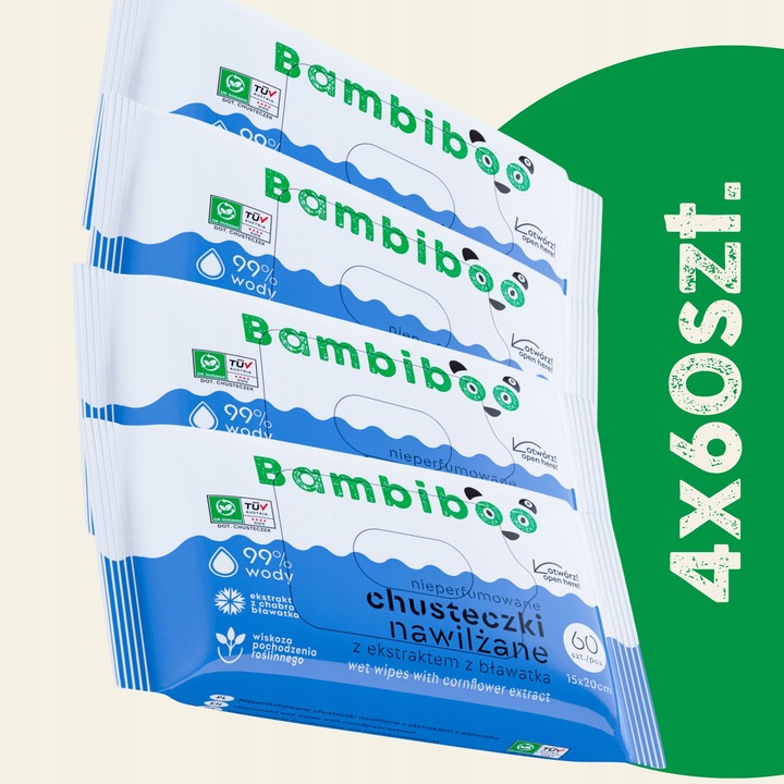 Chusteczki nawilżane Bambiboo 4x60szt. z ekstraktem z bławatka 99% wody