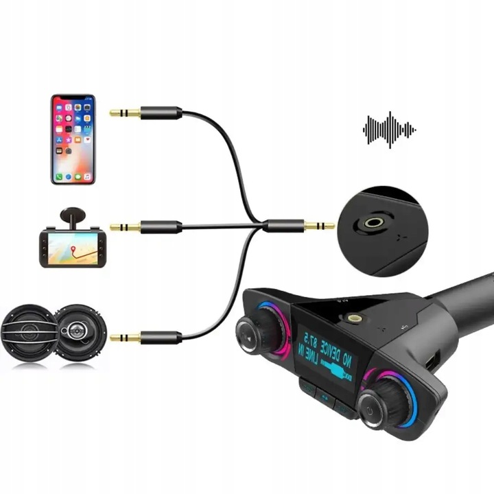 Transmiter FM Samochodowy Bluetooth 5.0 USB micro SD 8w1 AUX Ładowarka