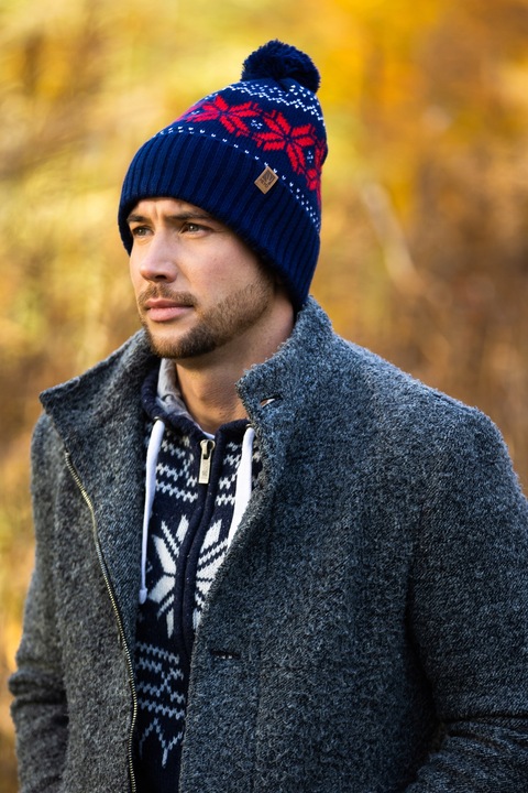 CZAPKA MĘSKA ZIMOWA NORWESKI WZÓR Z POMPONEM CIEPŁA NORWESKA BEANIE