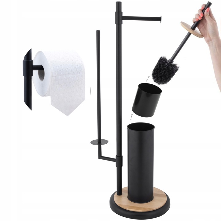 Stojak z uchwytem na papier toaletowy czarny i szczotka do WC bambus zestaw