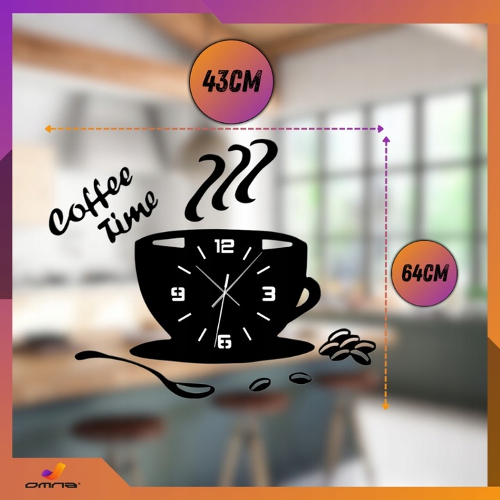 Zegar ścienny kuchenny filiżanka kawy do kuchni kawiarni czarny efekt 3D