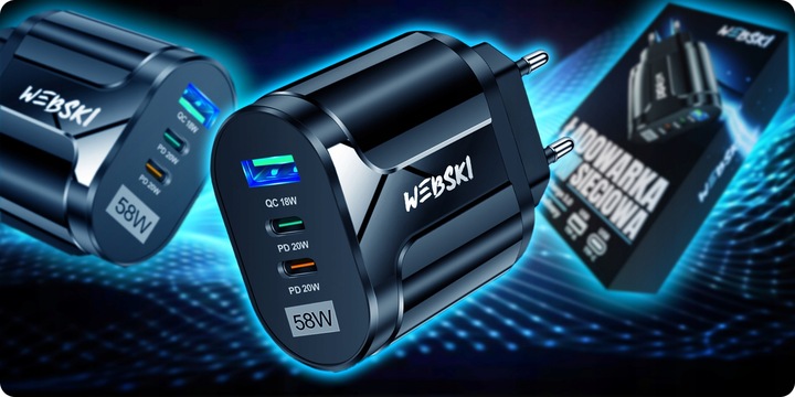 ZESTAW DO ŁADOWANIA ŁADOWARKA 58W 2xUSB-C PD 20W + USB QC 3.0 Z KABLEM 5W1