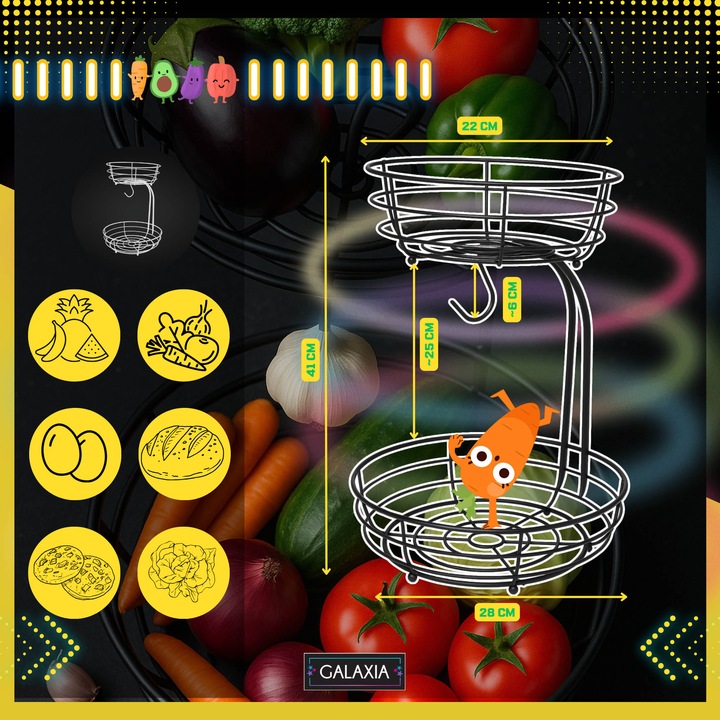 KOSZ NA OWOCE I WARZYWA Koszyk Stojak Piętrowy Czarny Dwupoziomowy