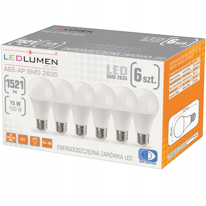 Zestaw 6x Żarówka LED E27 15W=100W 1521lm 240° Brak Migotania Ciepła