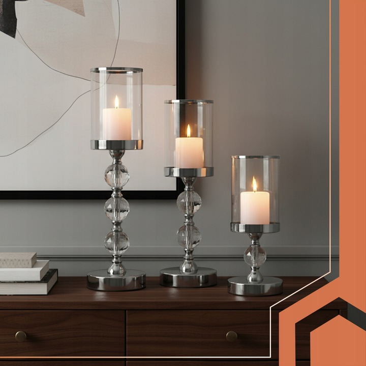Świecznik Szklany Lampion Zestaw 1-2-3 Świeczniki na Nodze Srebrne