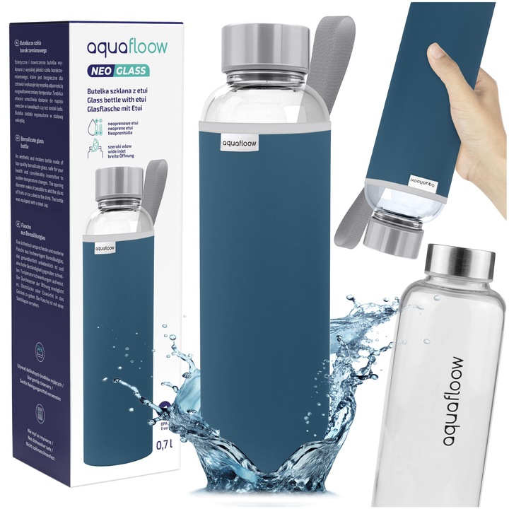 AquaFloow: butelka na wodę szklana 700 ml | etui neopren | szklana butelka