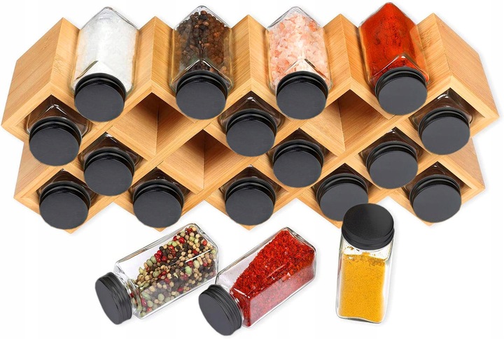 POJEMNIKI NA PRZYPRAWY PRZYPRAWNIK BAMBUS STOJAK DREWNIANY ZESTAW