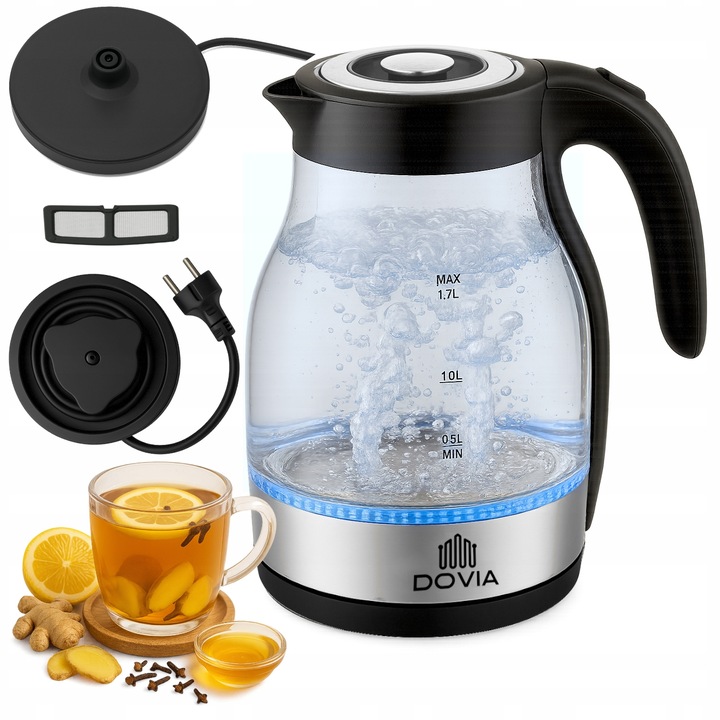 Czajnik Elektryczny Bezprzewodowy Szklany 1.7 L Cichy LED Mocny 2200W