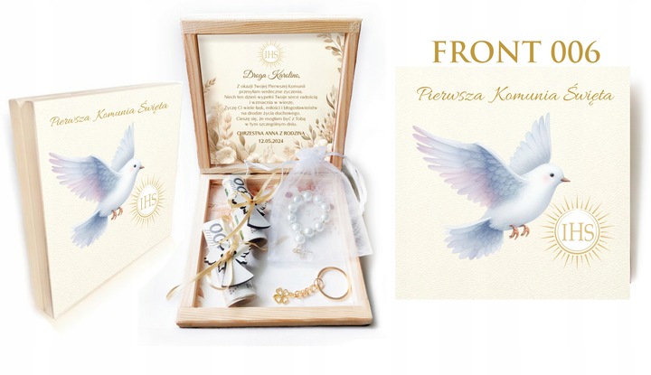 Pamiątka Komunii Świętej PREZENT Na Komunię Różaniec Brelok Pudełko