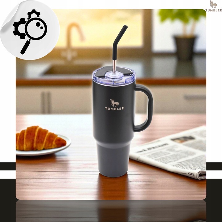 DUŻY Kubek Termiczny ze STALOWĄ SŁOMKĄ do Auta na Kawę Herbatę Zimne Napoje