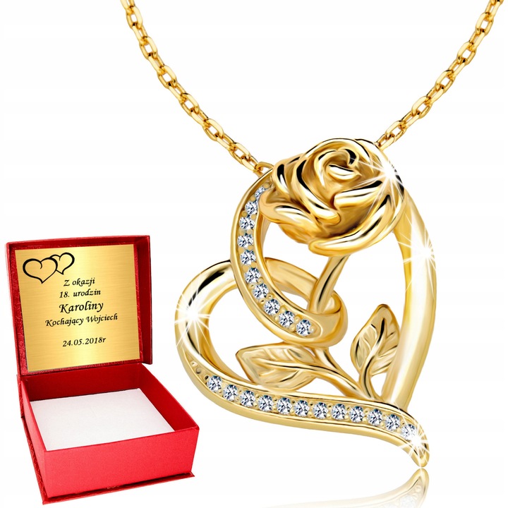 Złoty Naszyjnik 925 Serce Serduszko Róża Grawer