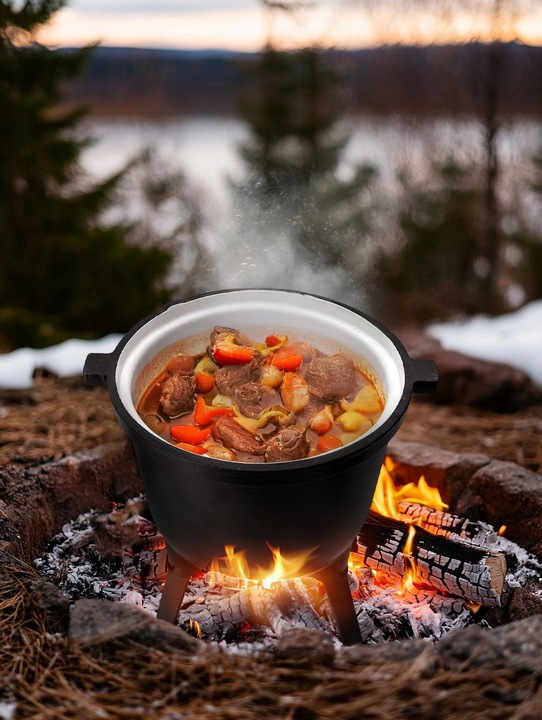 KOCIOŁEK MYŚLIWSKI ŻELIWNY EMALIOWANY GARNEK STOJĄCY NA OGNISKO 10L