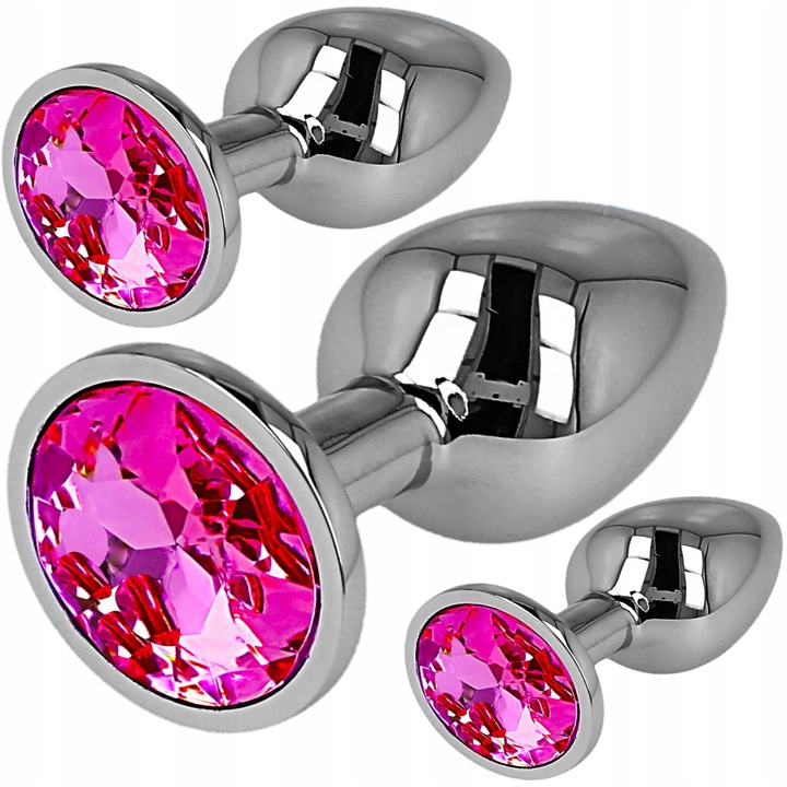 Zestaw 3 Metalowych Korków Analnych z Różowym Kryształem – Rozmiary S, M, L