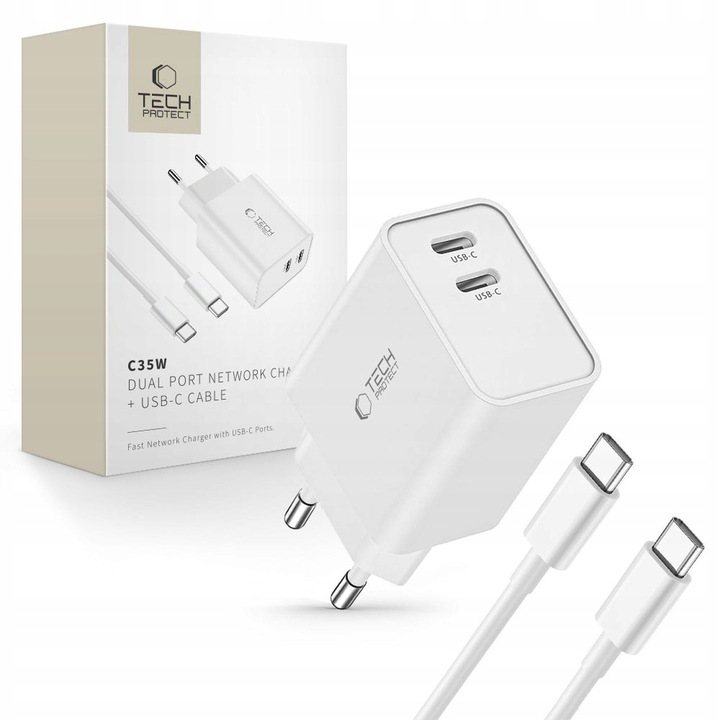 ŁADOWARKA SIECIOWA 2x PD-35W + KABEL USB-C TYPE-C 100CM DO TELEFONU TABLETU