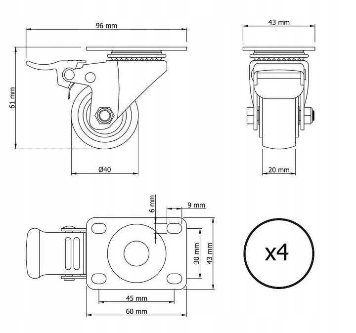 Kółko meblowe obrotowe gumowane 30 - 40 kg, fi 40, z hamulcem