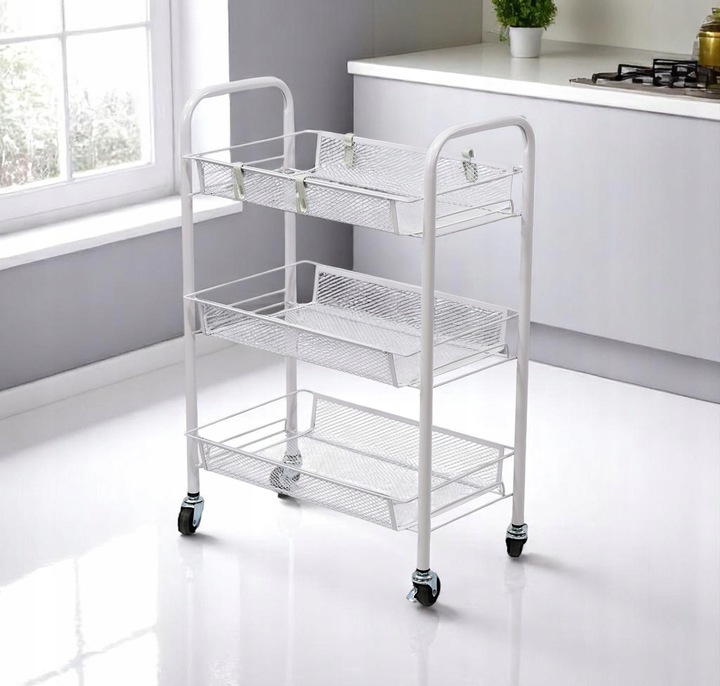 Metalowy wózek wielofunkcyjny 3-poziomowy z kółkami biały regał szafka
