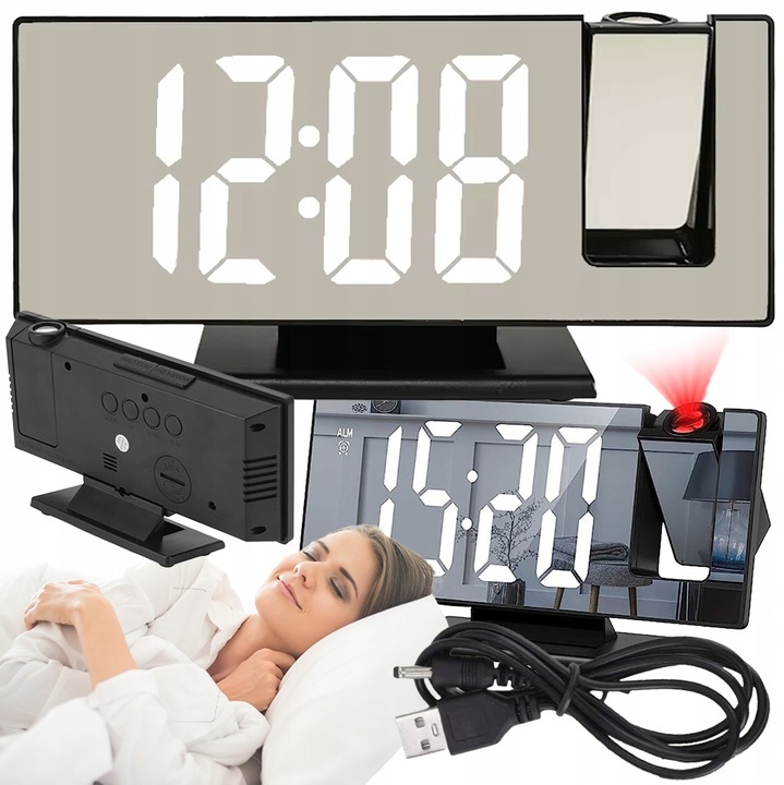 ZEGAR Budzik ELEKTRONICZNY z projektorem LED cyfrowy LUSTRO TERMOMETR 4w1
