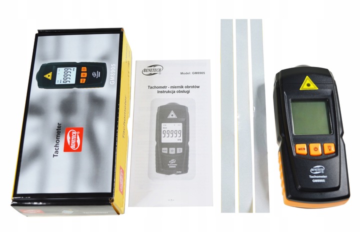 TACHOMETR LASEROWY OBROTOMIERZ CYFROWY MIERNIK OBROTÓW 99999 RPM LCD TAŚMY