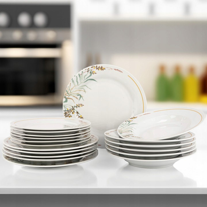 SERWIS OBIADOWY PORCELANOWY ZESTAW TALERZY BIAŁY NA 6 OSÓB WZÓR TRAWA