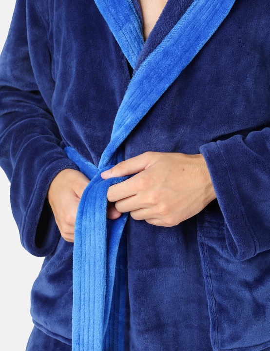 Szlafrok męski z kapturem ciepły miękki 2 kieszenie LA-221 Granatowy L