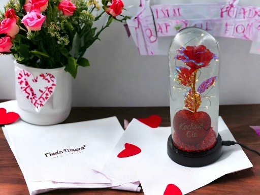 WIECZNA RÓŻA W SZKLE W KOPULE ŚWIECĄCA NA WALENTYNKI LED PREZENT PUDEŁKO