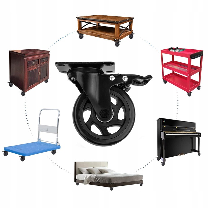 KÓŁKA OBROTOWE Z HAMULCEM 100 MM ZESTAW JEZDNY DO 500 KG DO MEBLI