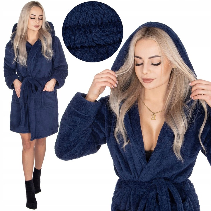 SZLAFROK DAMSKI CIEPŁY Z KAPTUREM R.S/M WIĄZANY W TALII GRUBY DŁUGI MIĘKKI