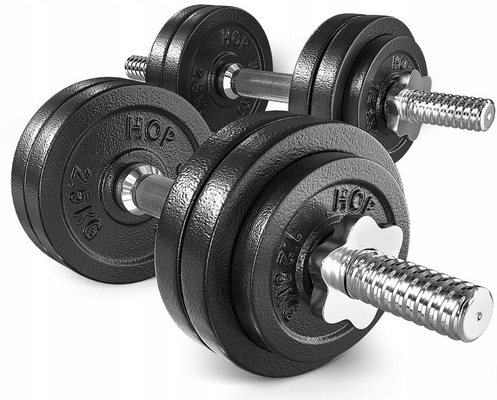 Hantle żeliwne 2x15kg zestaw z przedłużanym gryfem ryflowanym +