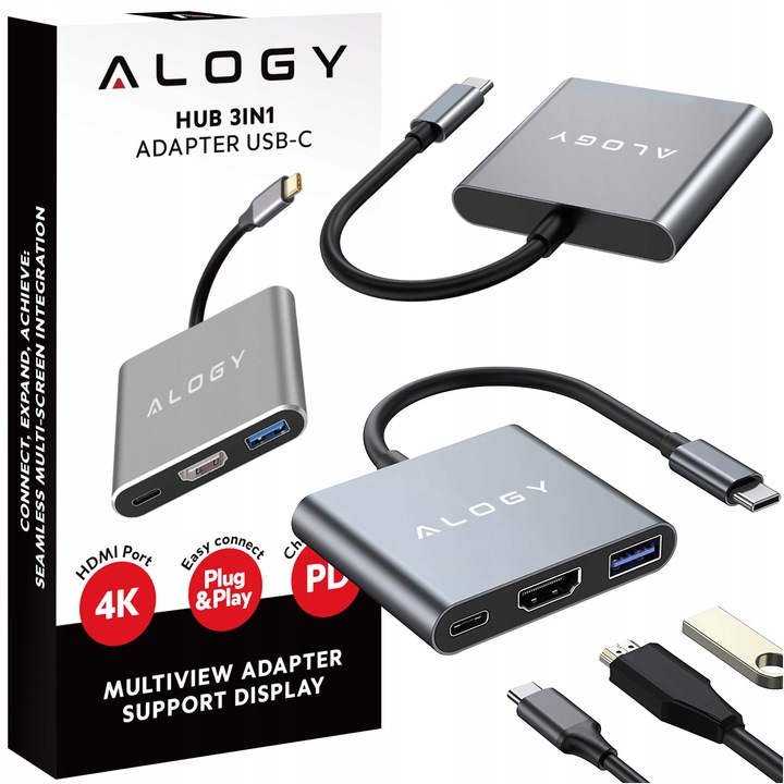 Adapter Przejściówka ALOGY 3w1 MHL HUB USB C HDMI PD do MacBook Samsung