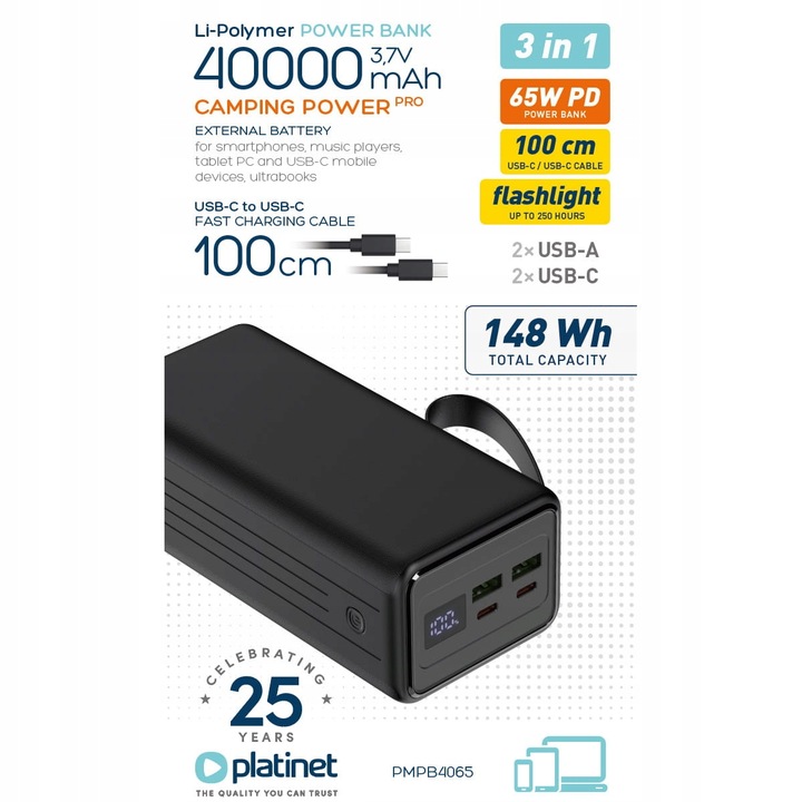 POWER BANK szybki 2x USB 2x USB-C 40000mAh PD QC 3.0 65W + kabel Latarka