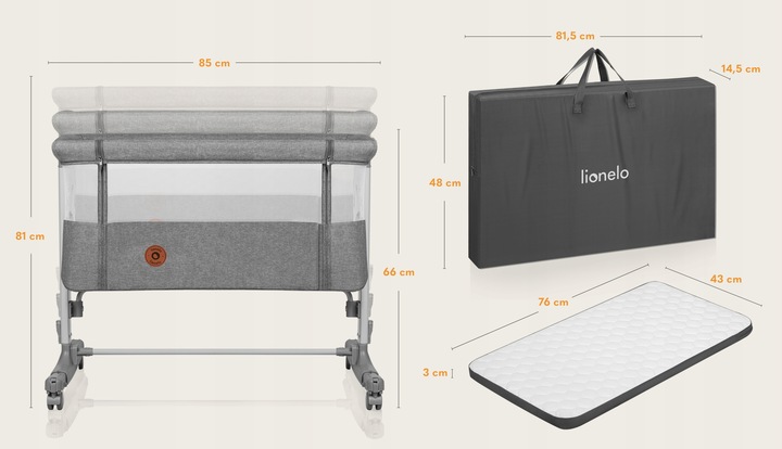 Łóżeczko dostawne, wolnostojące, kołyska 3w1 zestaw dodatków Lionelo Aurora