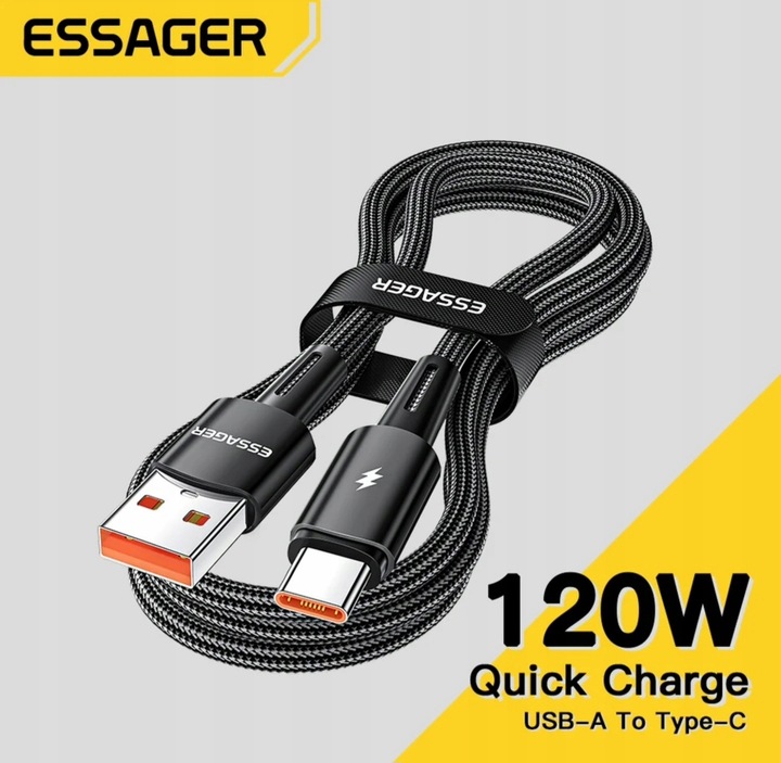 Kabel 2 metry czarny Essager USB A do USB-C 6A SZYBKIE ŁADOWANIE 120W 6A 2M