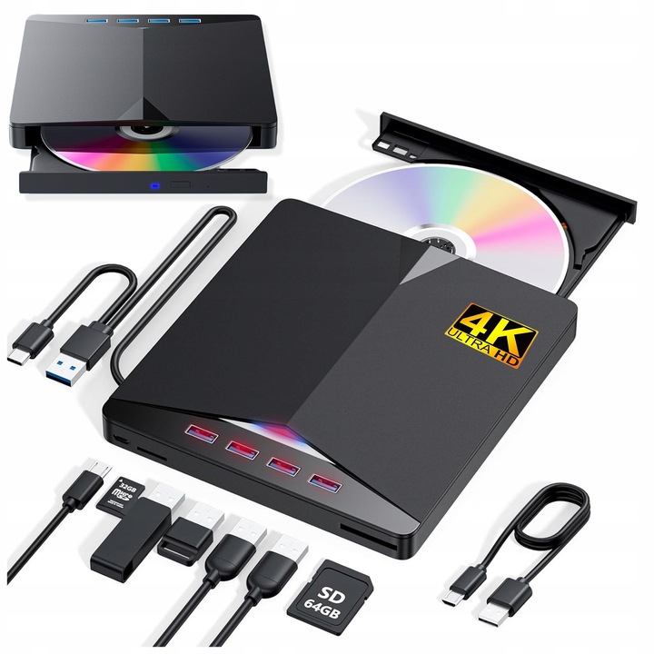 NAPĘD ZEWNĘTRZNY CD DVD ODTWARZACZ PŁYT PRZENOŚNY NAGRYWARKA HUB USB-C 3.0